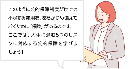 このように公的保障制度だけでは不足する費用を、あらかじめ備えておくために「保険」があるのです。
ここでは、人生に潜む5つのリスクに対応する公的保障を学びましょう!