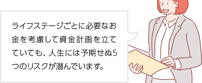 ライフステージごとに必要なお金を考慮して資金計画を立てていても、人生には予期せぬ5つのリスクが潜んでいます。