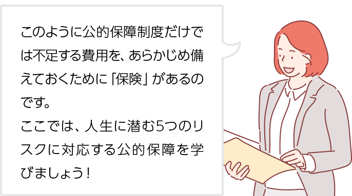 このように公的保障制度だけでは不足する費用を、あらかじめ備えておくために「保険」があるのです。
ここでは、人生に潜む5つのリスクに対応する公的保障を学びましょう!