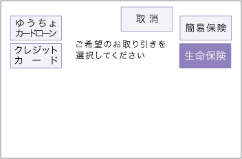 「カードローン・クレジットカード・簡易保険・生命保険」ボタンを押した後のゆうちょ銀行のATM画面 操作方法